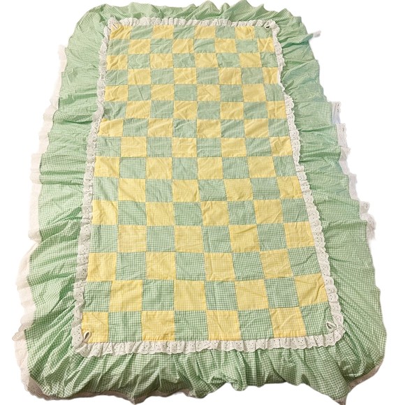 Vtg Toddler Bed Crib Blanket Bedspread Handmade Green Yellow Check Ruffles Lace - Picture 1 of 5